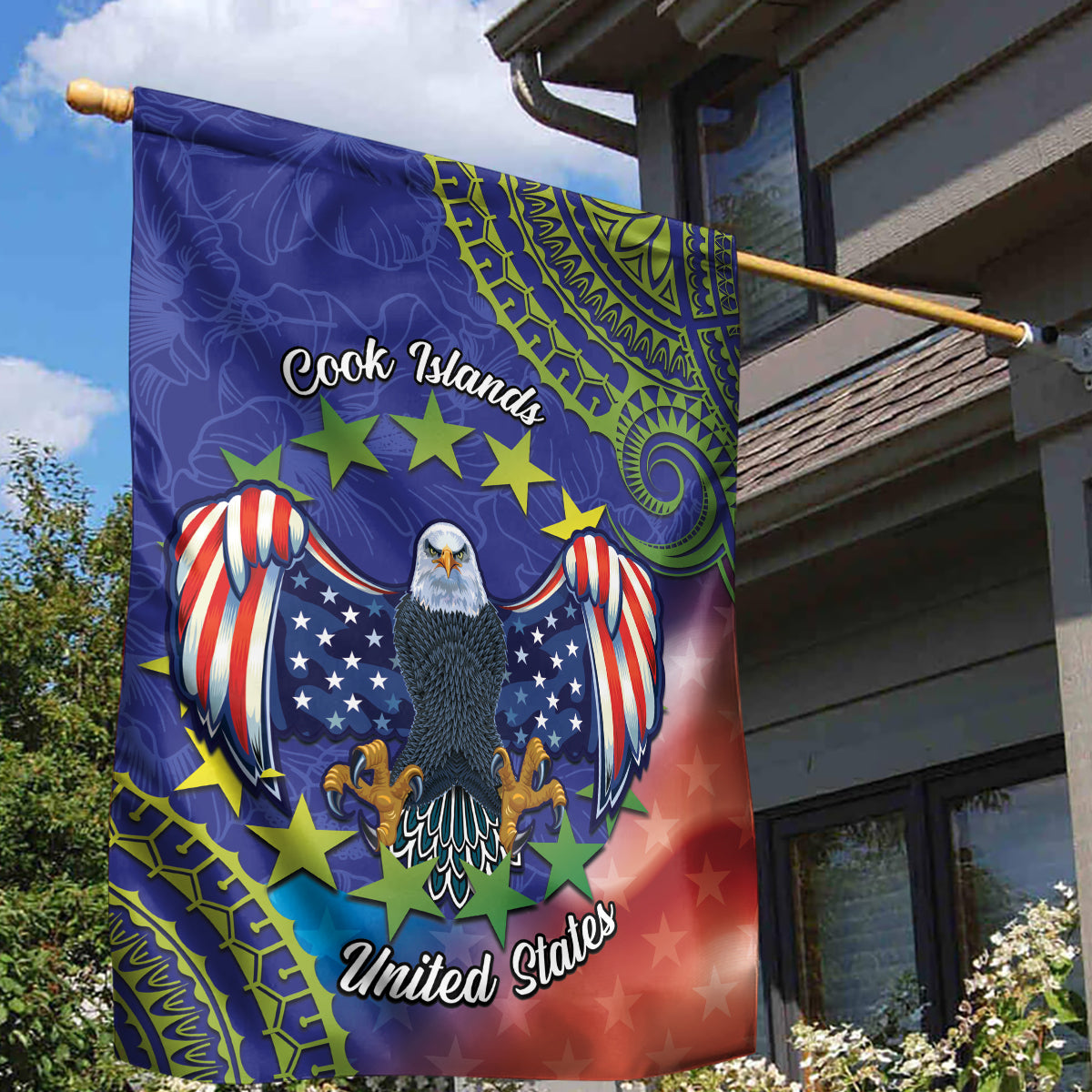 Personalised United States And Cook Islands Garden Flag USA Eagle Mix Polynesian Pattern LT14 - Polynesian Pride