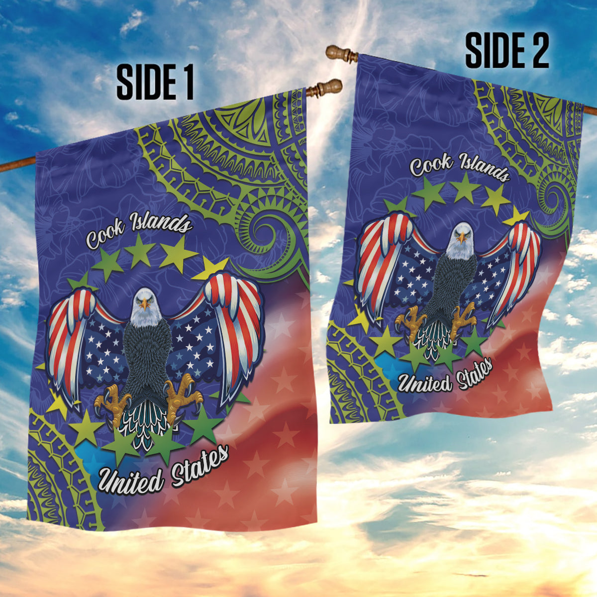 Personalised United States And Cook Islands Garden Flag USA Eagle Mix Polynesian Pattern LT14 - Polynesian Pride