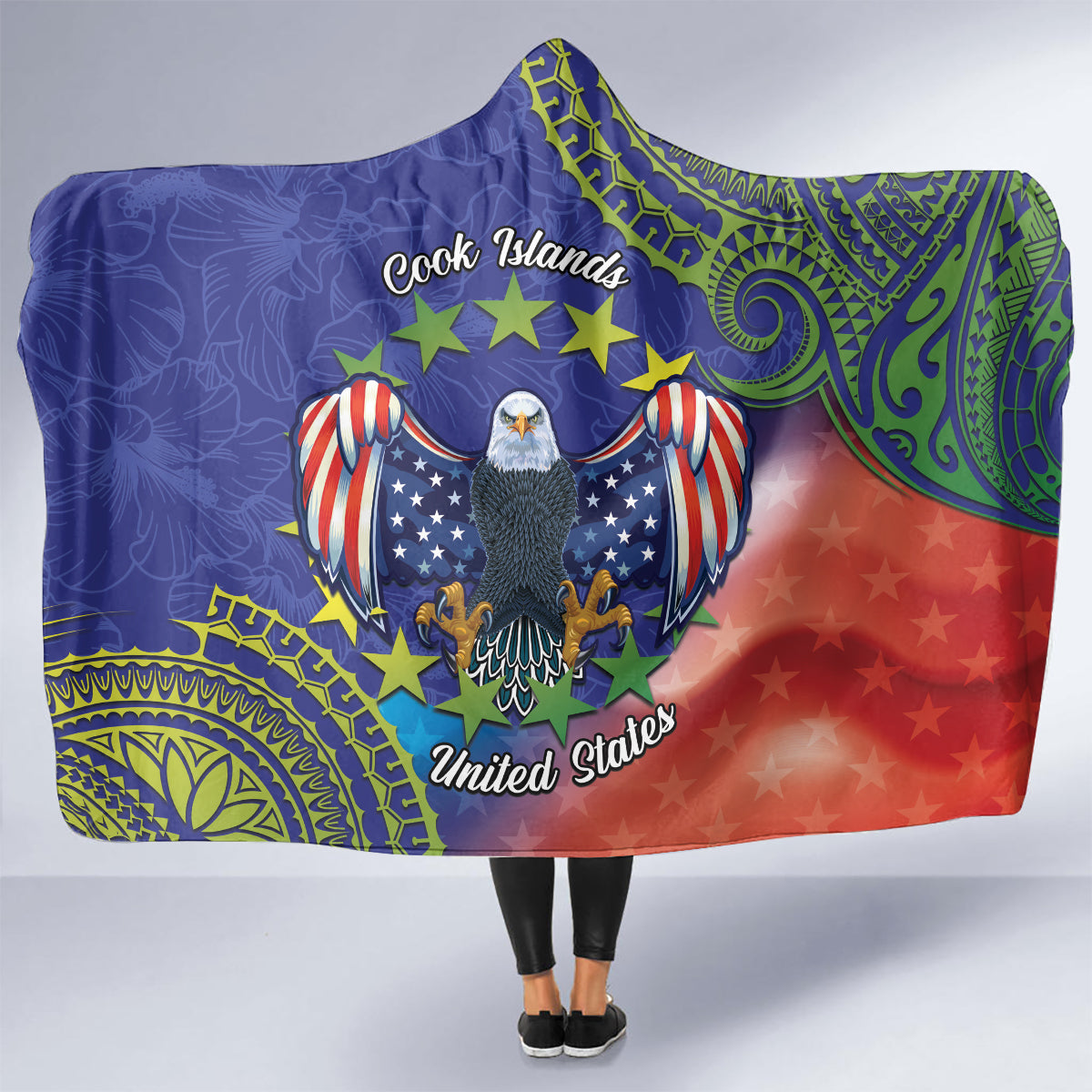Personalised United States And Cook Islands Hooded Blanket USA Eagle Mix Polynesian Pattern LT14 - Polynesian Pride