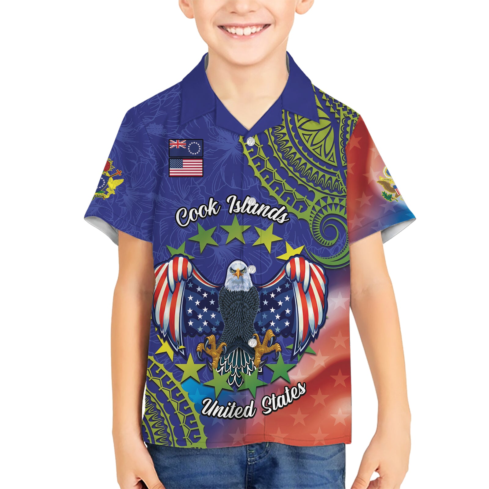 Personalised United States And Cook Islands Kid Hawaiian Shirt USA Eagle Mix Polynesian Pattern LT14 Kid Blue - Polynesian Pride