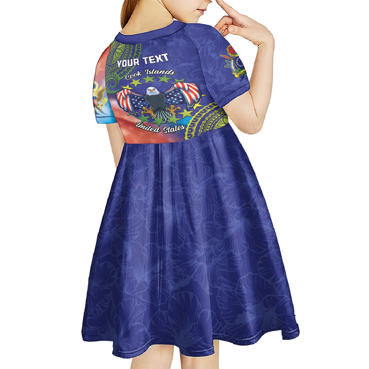 Personalised United States And Cook Islands Kid Short Sleeve Dress USA Eagle Mix Polynesian Pattern LT14 - Polynesian Pride