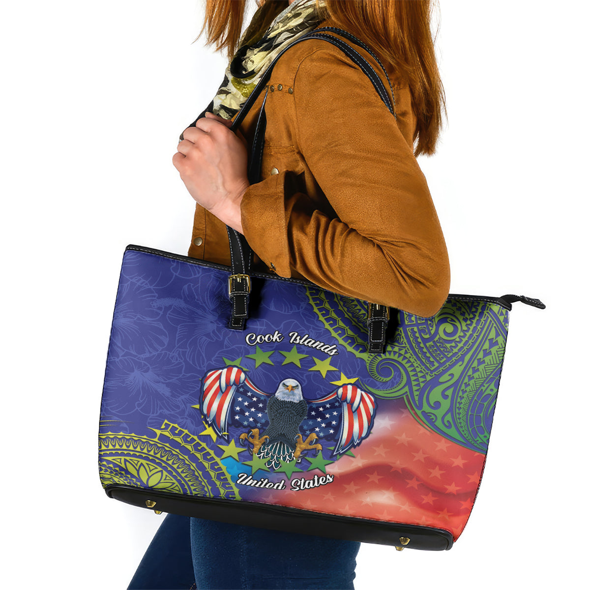Personalised United States And Cook Islands Leather Tote Bag USA Eagle Mix Polynesian Pattern LT14 Blue - Polynesian Pride
