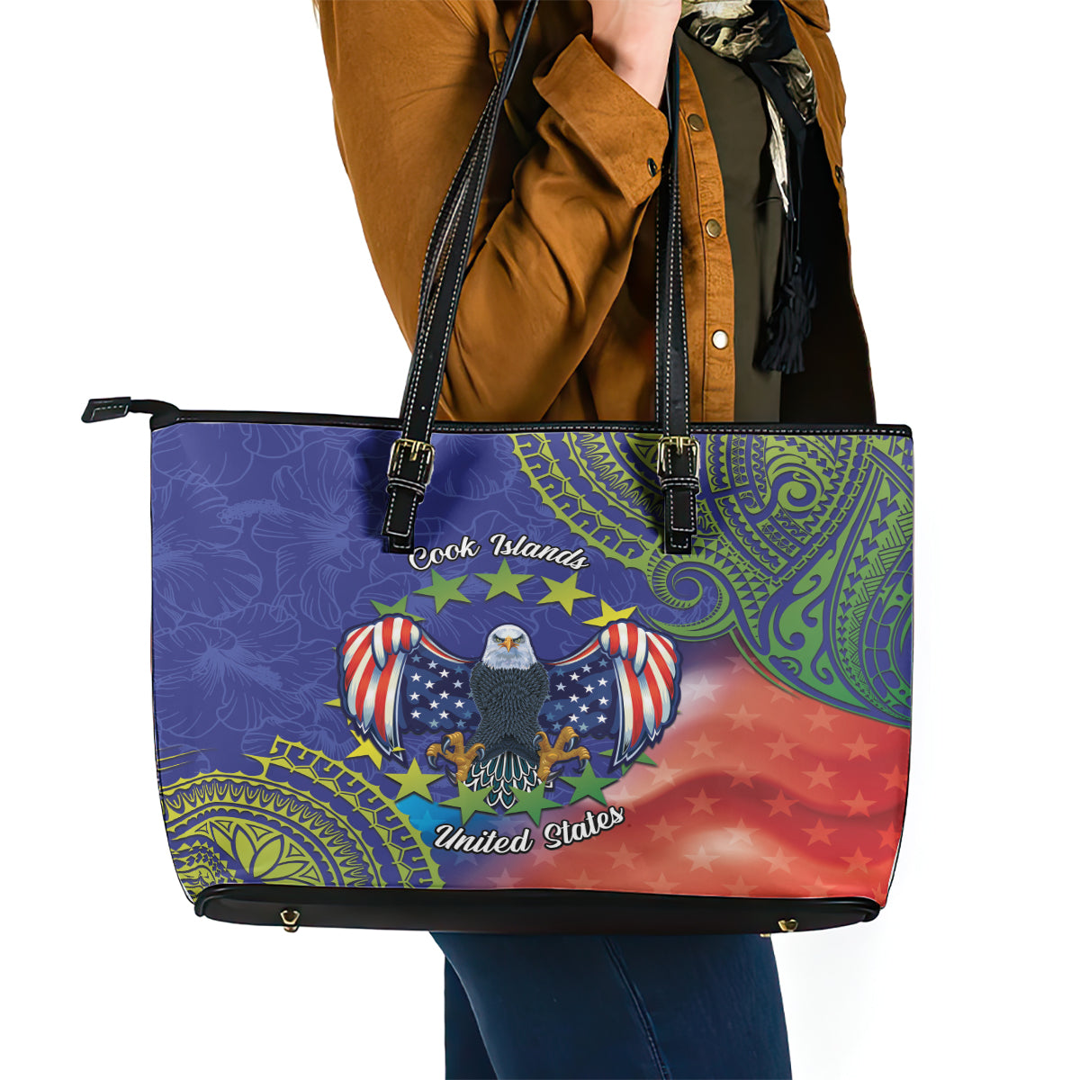 Personalised United States And Cook Islands Leather Tote Bag USA Eagle Mix Polynesian Pattern LT14 - Polynesian Pride