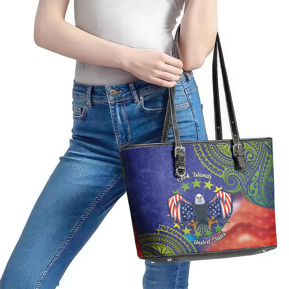 Personalised United States And Cook Islands Leather Tote Bag USA Eagle Mix Polynesian Pattern LT14 - Polynesian Pride