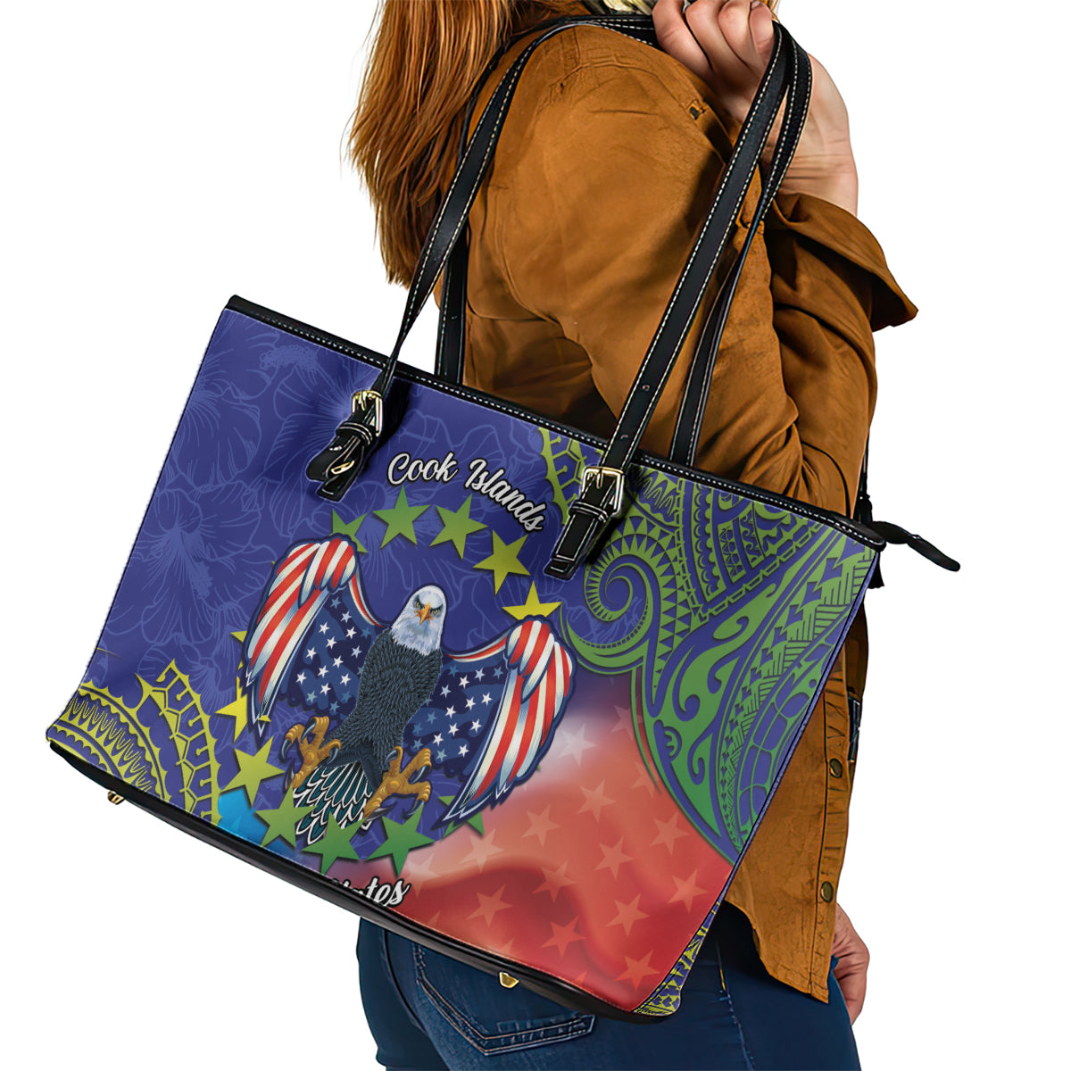 Personalised United States And Cook Islands Leather Tote Bag USA Eagle Mix Polynesian Pattern LT14 - Polynesian Pride