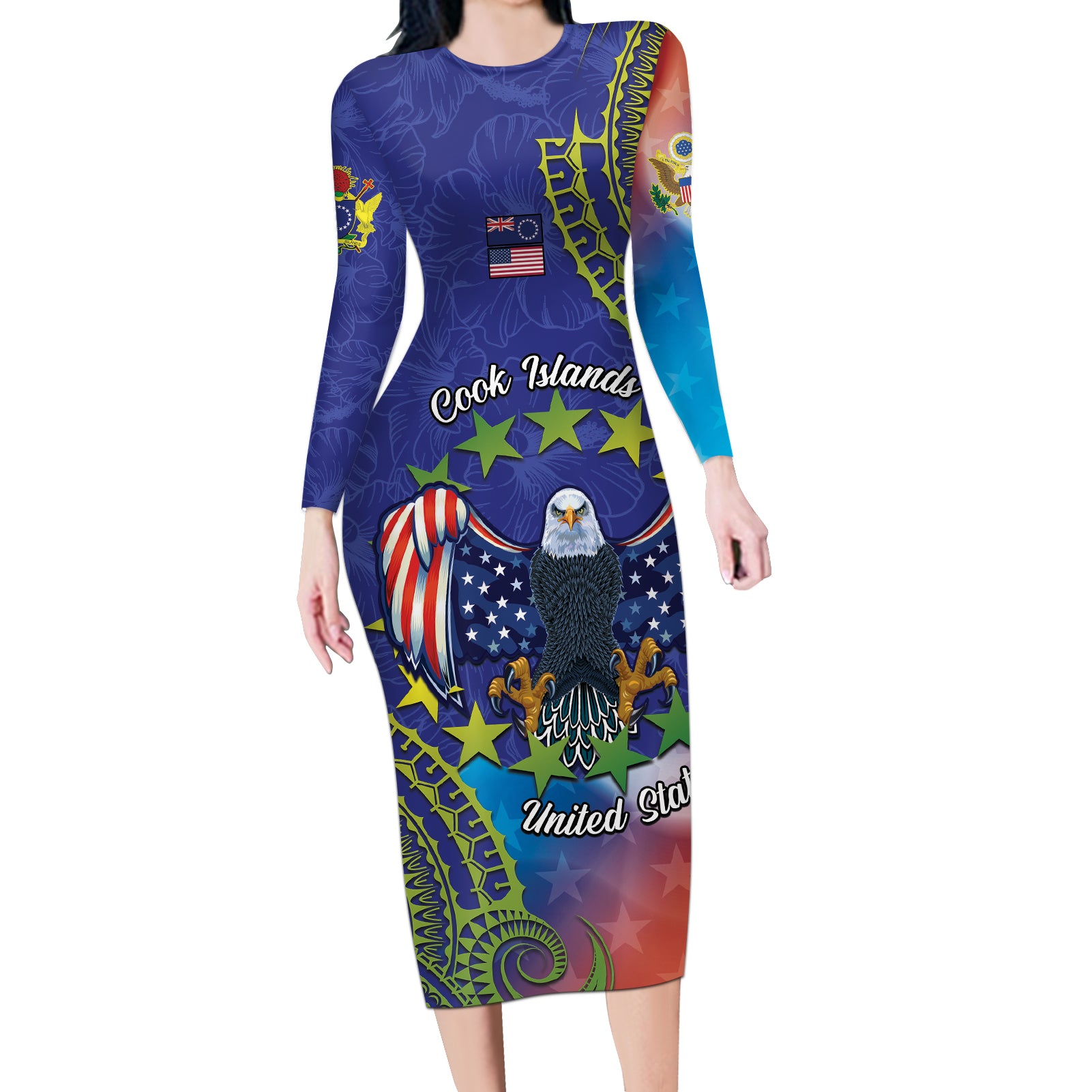 Personalised United States And Cook Islands Long Sleeve Bodycon Dress USA Eagle Mix Polynesian Pattern