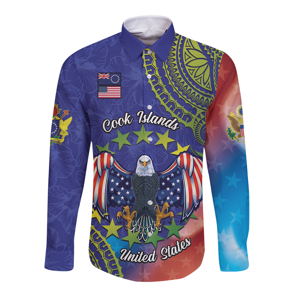 Personalised United States And Cook Islands Long Sleeve Button Shirt USA Eagle Mix Polynesian Pattern