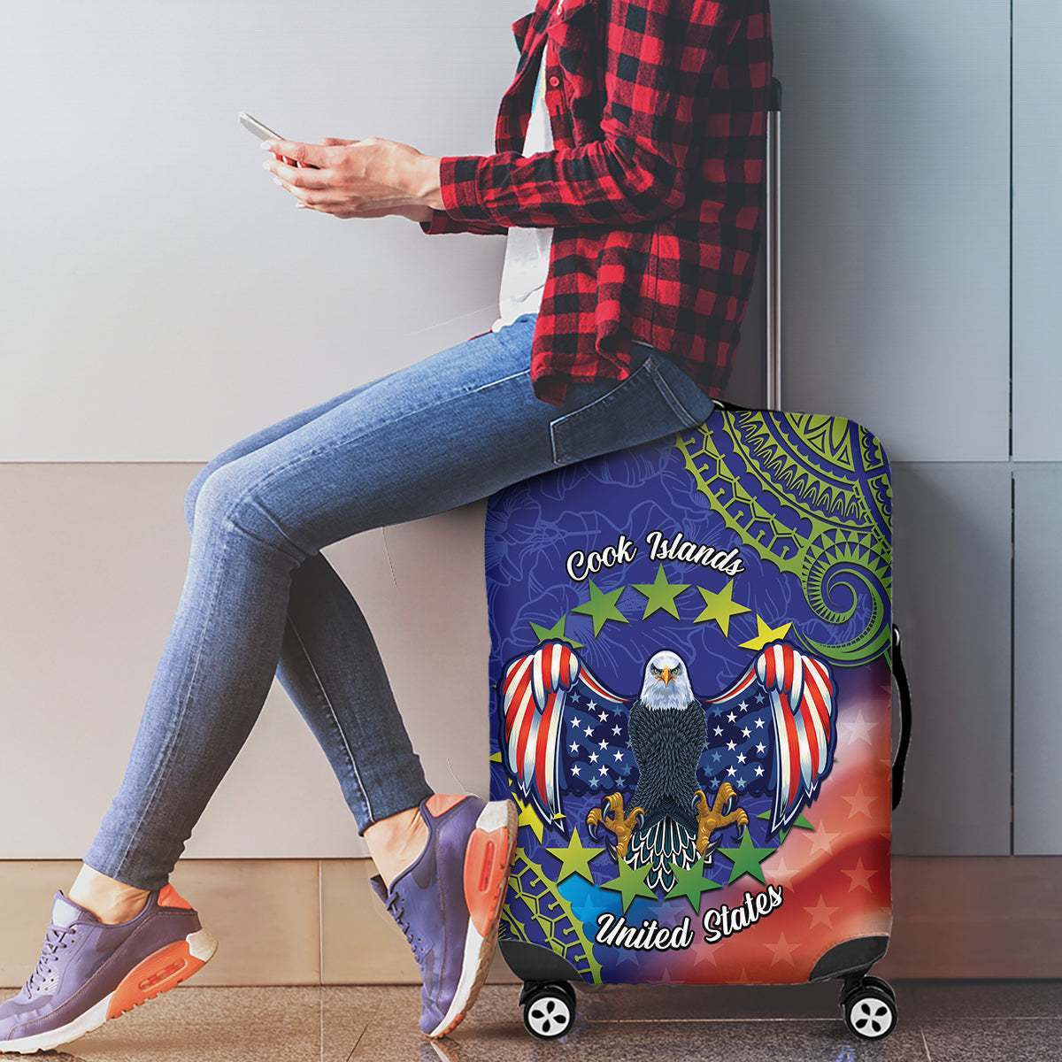 Personalised United States And Cook Islands Luggage Cover USA Eagle Mix Polynesian Pattern