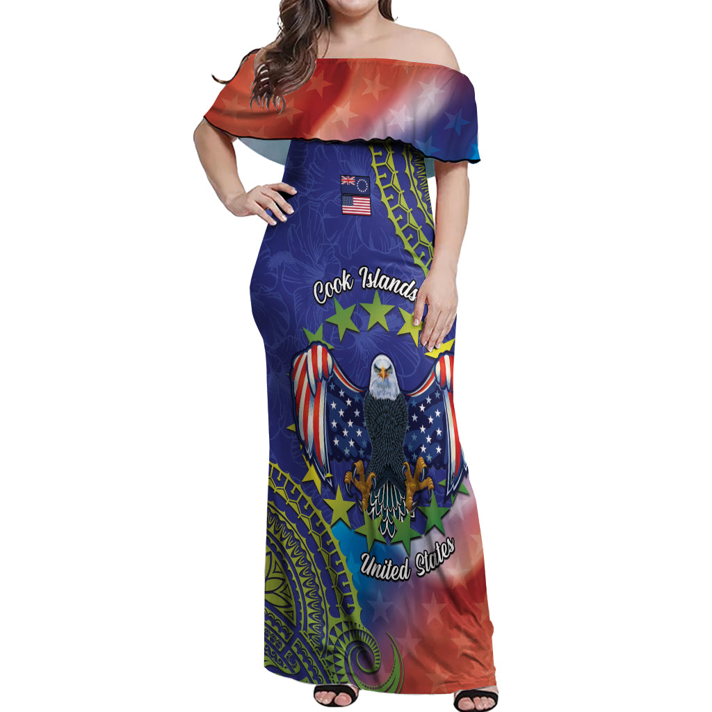 Personalised United States And Cook Islands Off Shoulder Maxi Dress USA Eagle Mix Polynesian Pattern LT14 Women Blue - Polynesian Pride