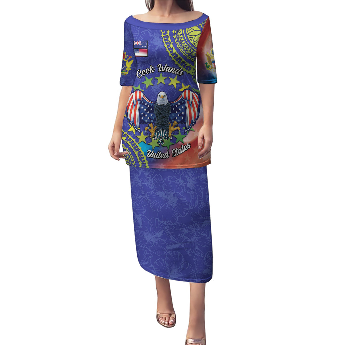 Personalised United States And Cook Islands Puletasi USA Eagle Mix Polynesian Pattern LT14 Long Dress Blue - Polynesian Pride