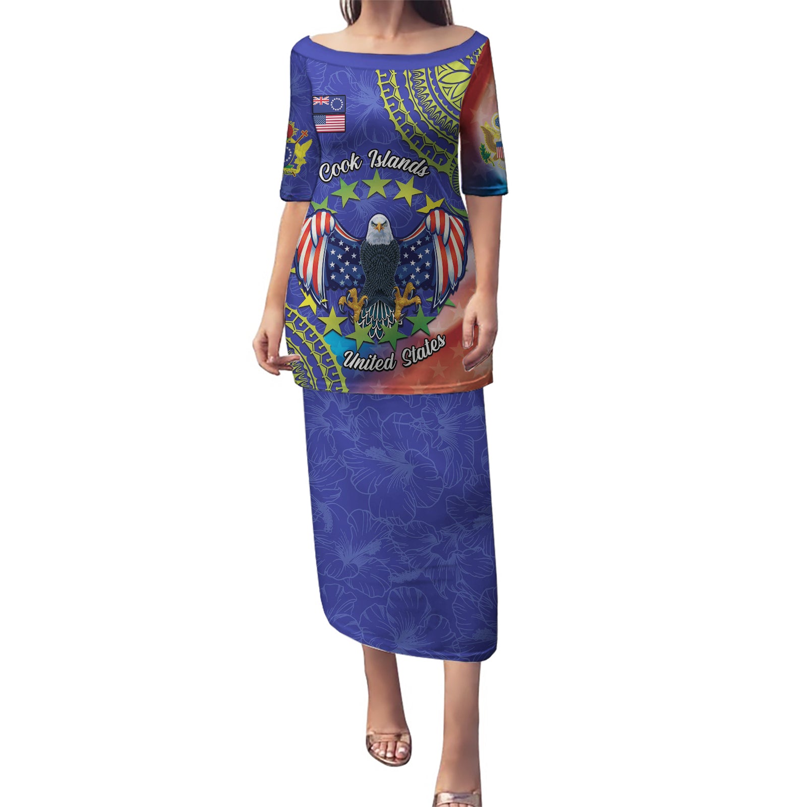 Personalised United States And Cook Islands Puletasi USA Eagle Mix Polynesian Pattern LT14 Long Dress Blue - Polynesian Pride