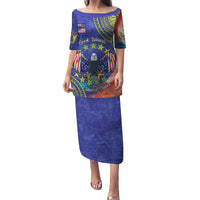 Personalised United States And Cook Islands Puletasi USA Eagle Mix Polynesian Pattern LT14 Long Dress Blue - Polynesian Pride