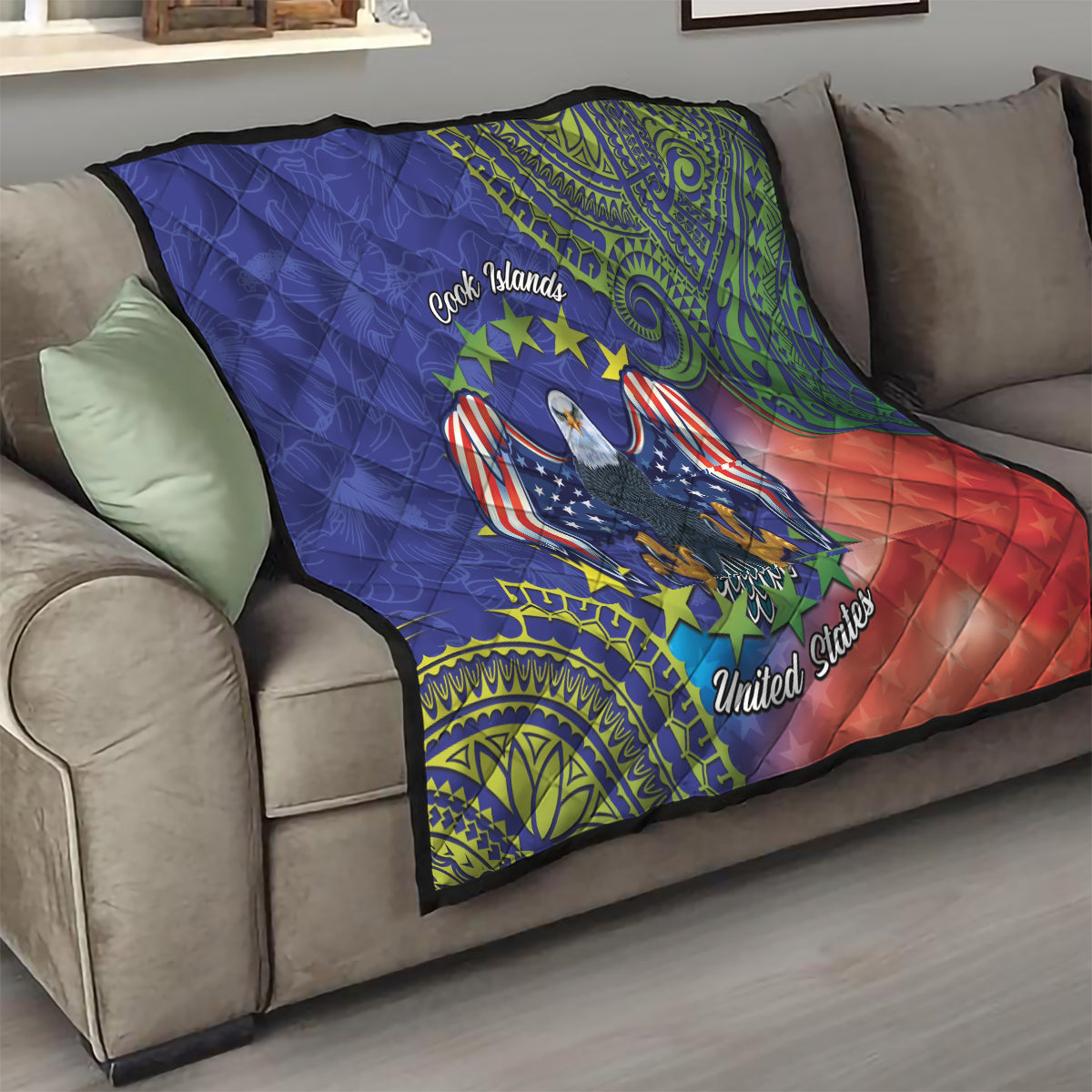 Personalised United States And Cook Islands Quilt USA Eagle Mix Polynesian Pattern