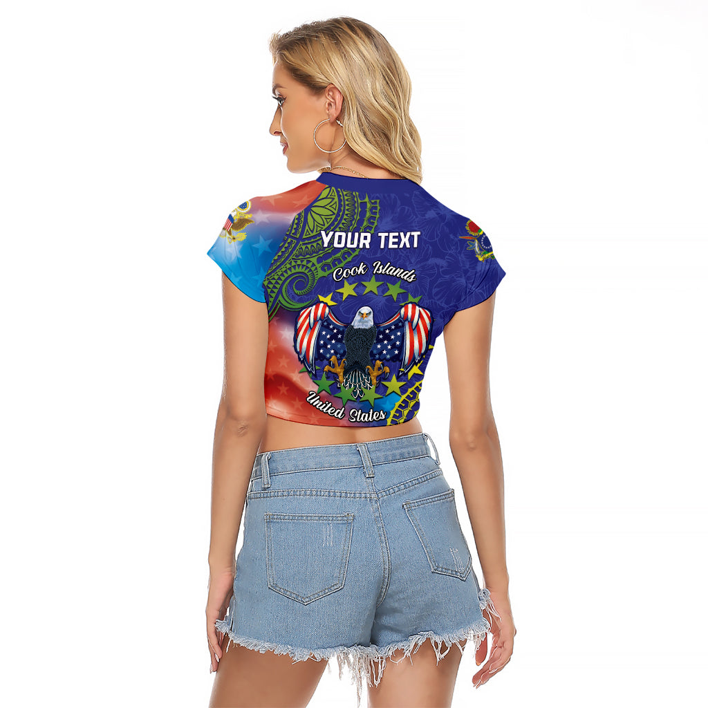 Personalised United States And Cook Islands Raglan Cropped T Shirt USA Eagle Mix Polynesian Pattern