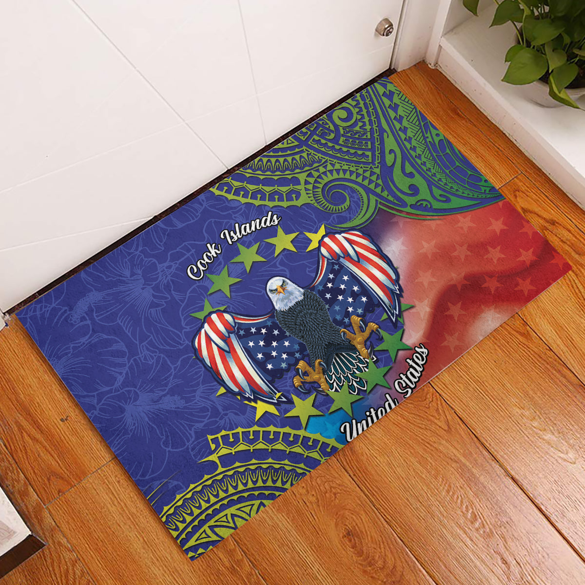 Personalised United States And Cook Islands Rubber Doormat USA Eagle Mix Polynesian Pattern LT14 Blue - Polynesian Pride