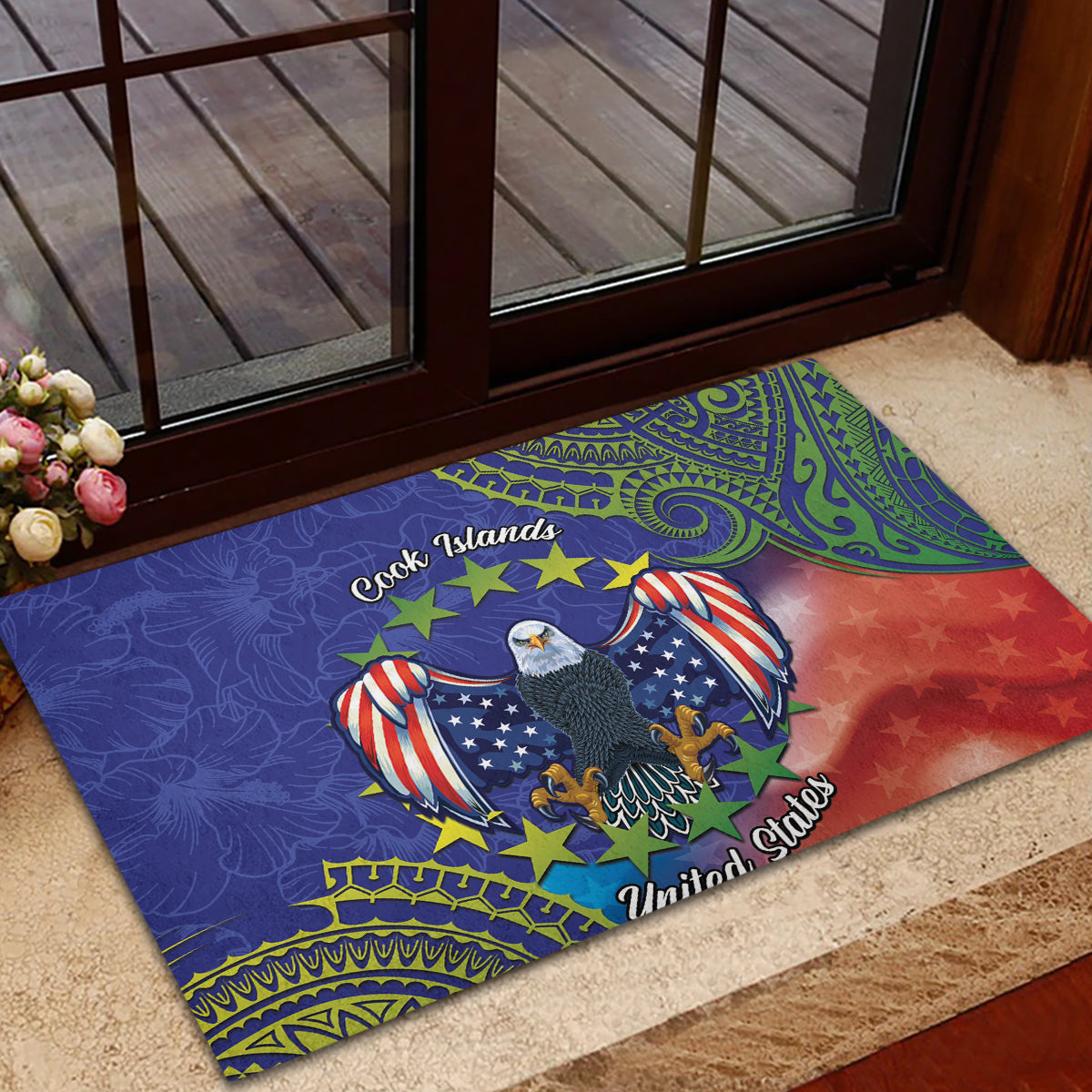 Personalised United States And Cook Islands Rubber Doormat USA Eagle Mix Polynesian Pattern