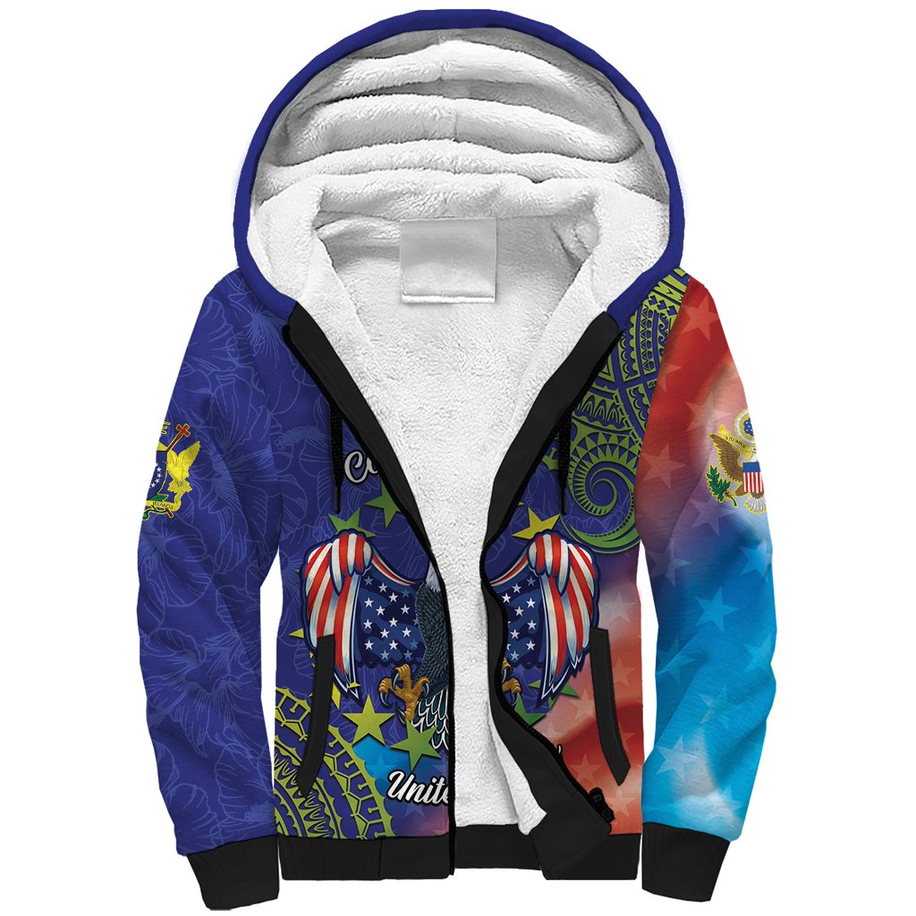 Personalised United States And Cook Islands Sherpa Hoodie USA Eagle Mix Polynesian Pattern LT14 Unisex Blue - Polynesian Pride