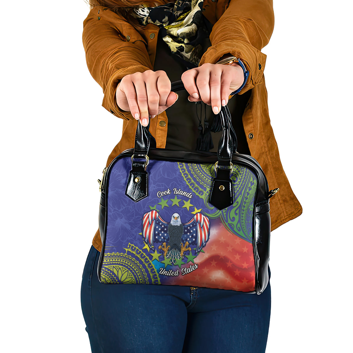 Personalised United States And Cook Islands Shoulder Handbag USA Eagle Mix Polynesian Pattern LT14 One Size Blue - Polynesian Pride