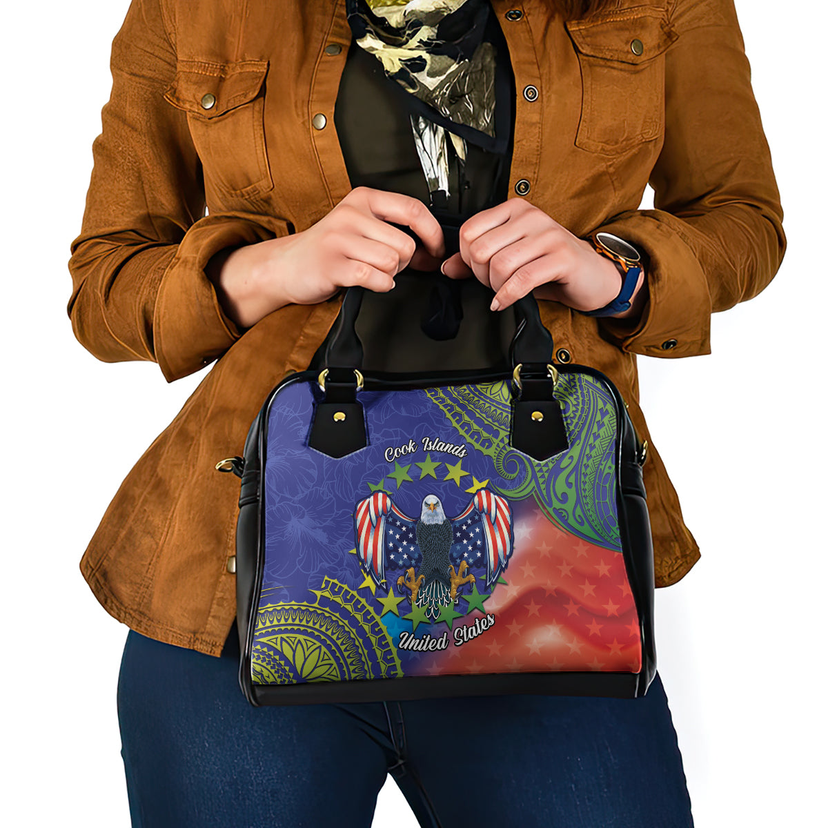 Personalised United States And Cook Islands Shoulder Handbag USA Eagle Mix Polynesian Pattern LT14 - Polynesian Pride