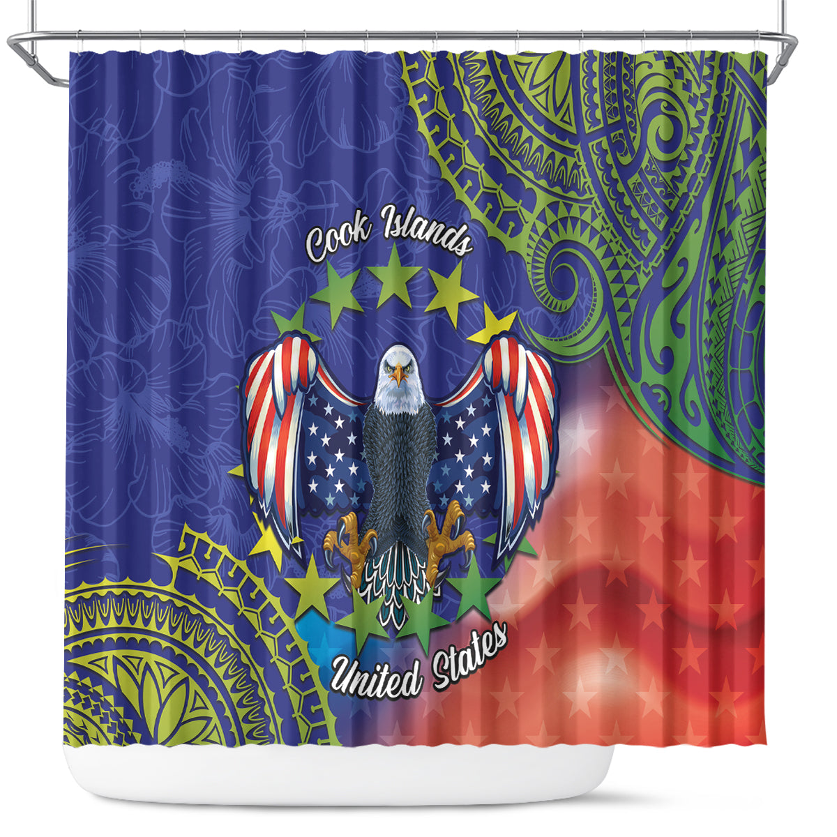 Personalised United States And Cook Islands Shower Curtain USA Eagle Mix Polynesian Pattern