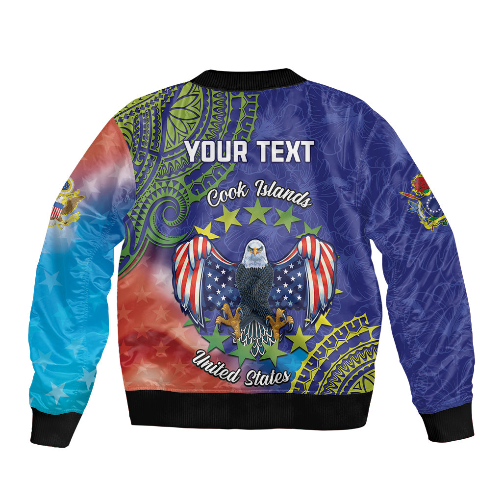 Personalised United States And Cook Islands Sleeve Zip Bomber Jacket USA Eagle Mix Polynesian Pattern LT14 - Polynesian Pride
