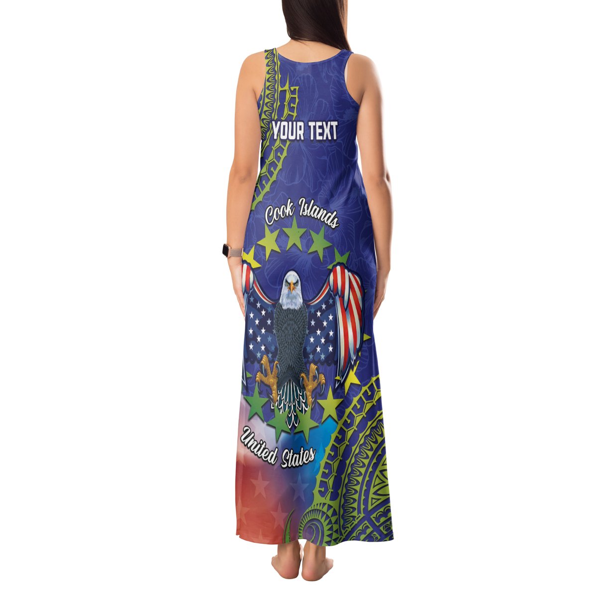 Personalised United States And Cook Islands Tank Maxi Dress USA Eagle Mix Polynesian Pattern LT14 - Polynesian Pride