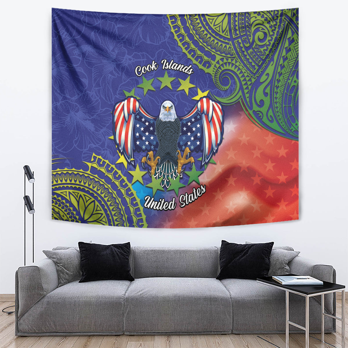 Personalised United States And Cook Islands Tapestry USA Eagle Mix Polynesian Pattern