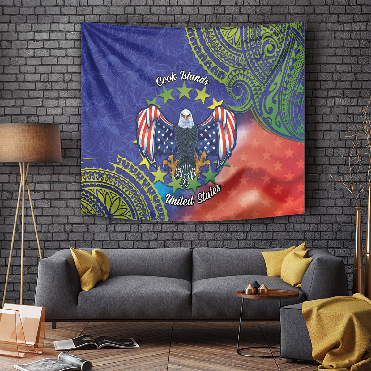 Personalised United States And Cook Islands Tapestry USA Eagle Mix Polynesian Pattern LT14 - Polynesian Pride