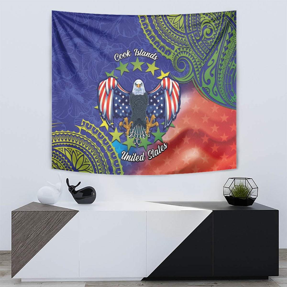 Personalised United States And Cook Islands Tapestry USA Eagle Mix Polynesian Pattern LT14 - Polynesian Pride
