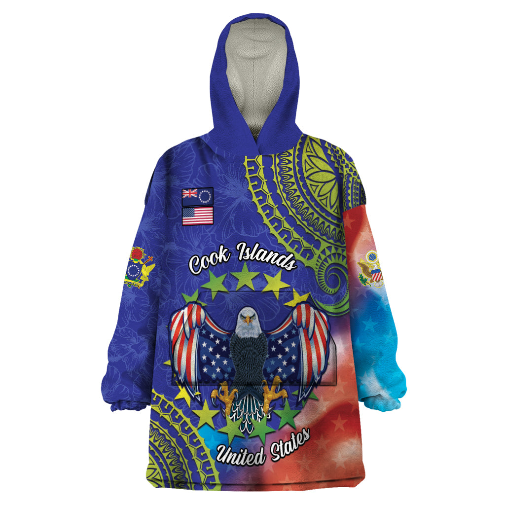 Personalised United States And Cook Islands Wearable Blanket Hoodie USA Eagle Mix Polynesian Pattern