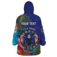 Personalised United States And Cook Islands Wearable Blanket Hoodie USA Eagle Mix Polynesian Pattern