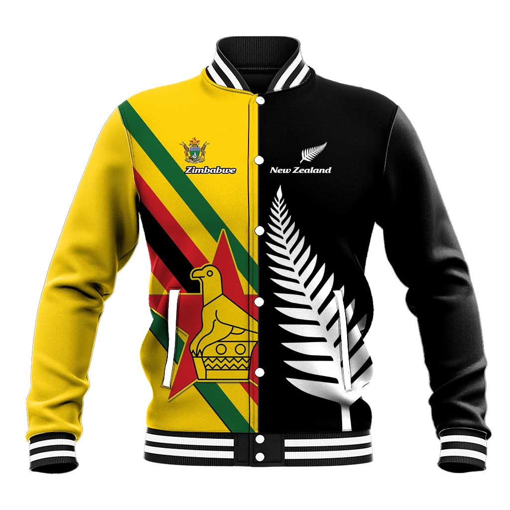 Custom New Zealand and Zimbabwe Baseball Jacket NZ Fern Zim Flag Half Style LT14 Unisex Black - Polynesian Pride