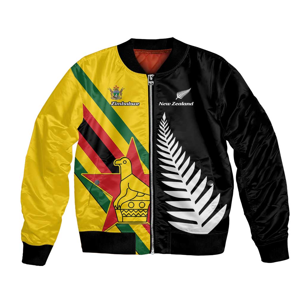 Custom New Zealand and Zimbabwe Bomber Jacket NZ Fern Zim Flag Half Style LT14 Unisex Black - Polynesian Pride
