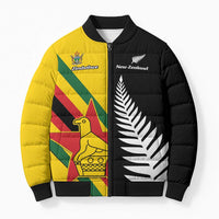 Custom New Zealand and Zimbabwe Bomber Puffer Jacket NZ Fern Zim Flag Half Style LT14 Unisex Black - Polynesian Pride
