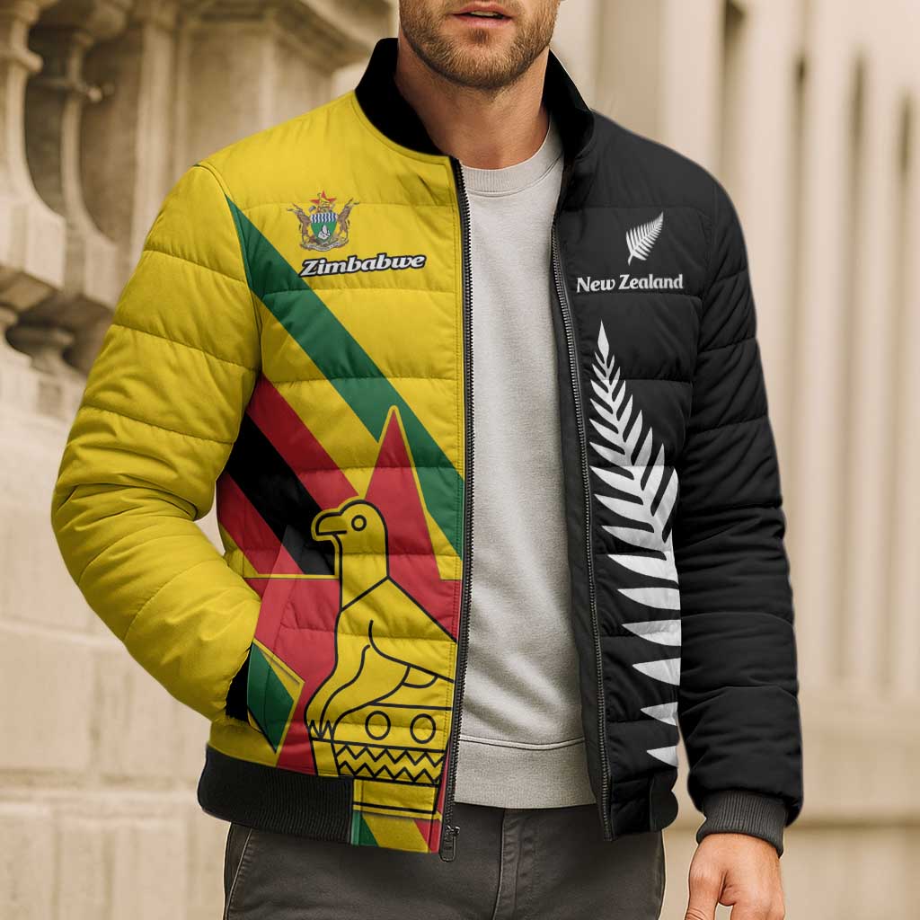 Custom New Zealand and Zimbabwe Bomber Puffer Jacket NZ Fern Zim Flag Half Style LT14 - Polynesian Pride