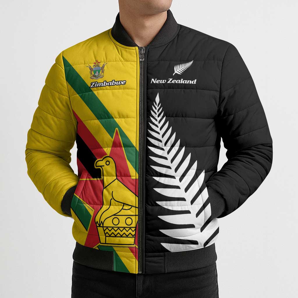 Custom New Zealand and Zimbabwe Bomber Puffer Jacket NZ Fern Zim Flag Half Style LT14 - Polynesian Pride