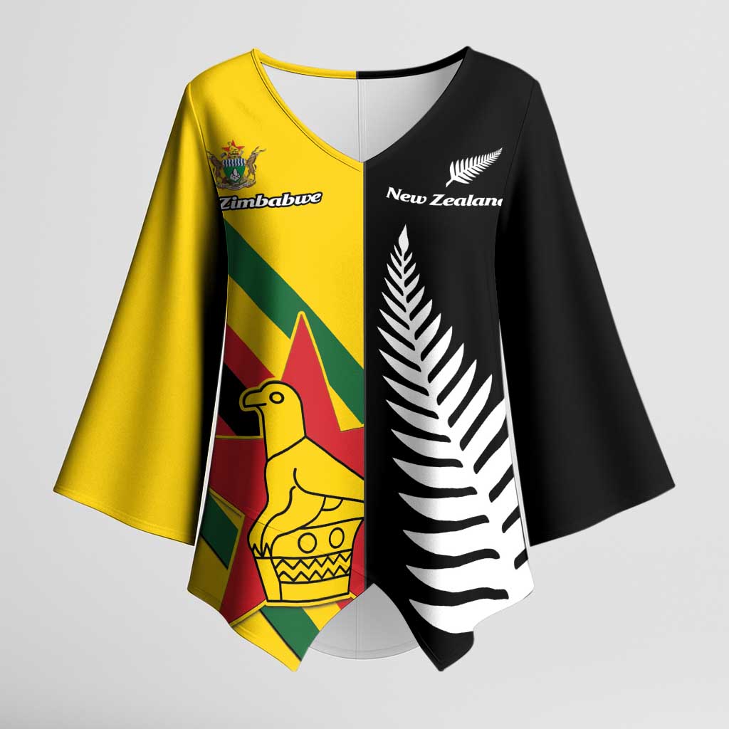 Custom New Zealand and Zimbabwe Kimono Sleeve Blouse NZ Fern Zim Flag Half Style LT14 Female Black - Polynesian Pride