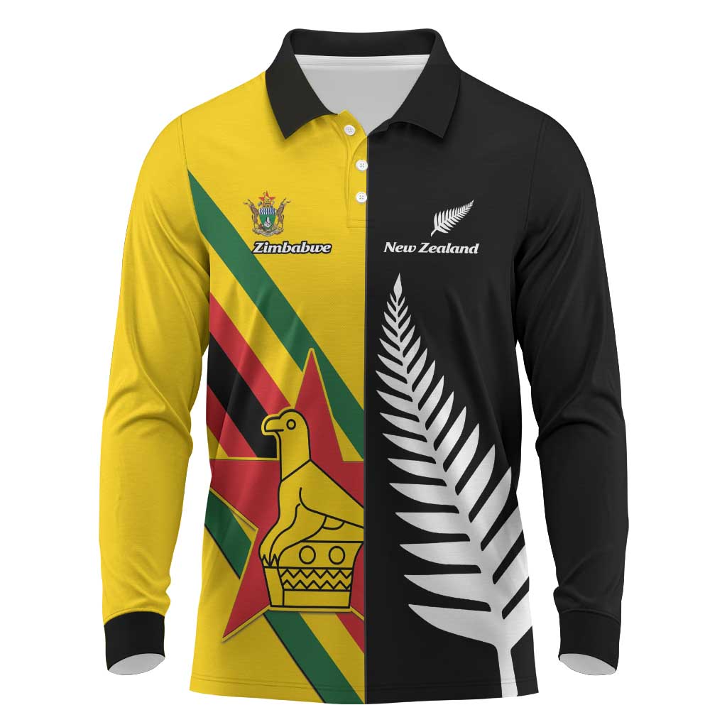 Custom New Zealand and Zimbabwe Long Sleeve Polo Shirt NZ Fern Zim Flag Half Style LT14 Black - Polynesian Pride