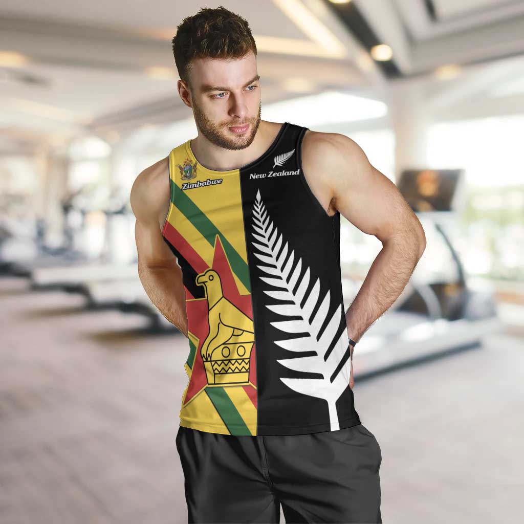 Custom New Zealand and Zimbabwe Men Tank Top NZ Fern Zim Flag Half Style LT14 Black - Polynesian Pride