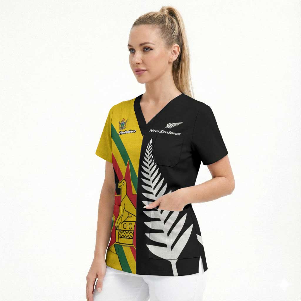 Custom New Zealand and Zimbabwe Scrub Top NZ Fern Zim Flag Half Style LT14 - Polynesian Pride