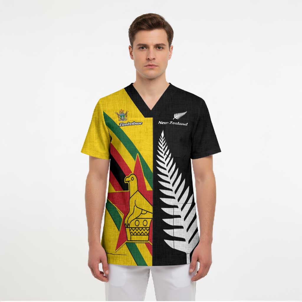 Custom New Zealand and Zimbabwe Scrub Top NZ Fern Zim Flag Half Style LT14 - Polynesian Pride