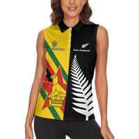 Custom New Zealand and Zimbabwe Women Sleeveless Polo Shirt NZ Fern Zim Flag Half Style