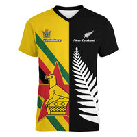 Custom New Zealand and Zimbabwe Women V-Neck T-Shirt NZ Fern Zim Flag Half Style