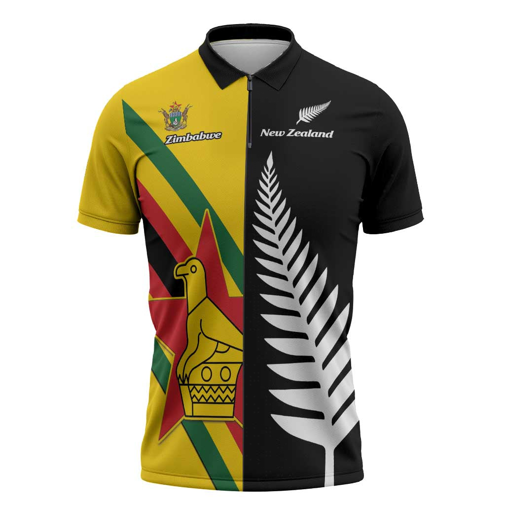 Custom New Zealand and Zimbabwe Zipper Polo Shirt NZ Fern Zim Flag Half Style LT14 Black - Polynesian Pride