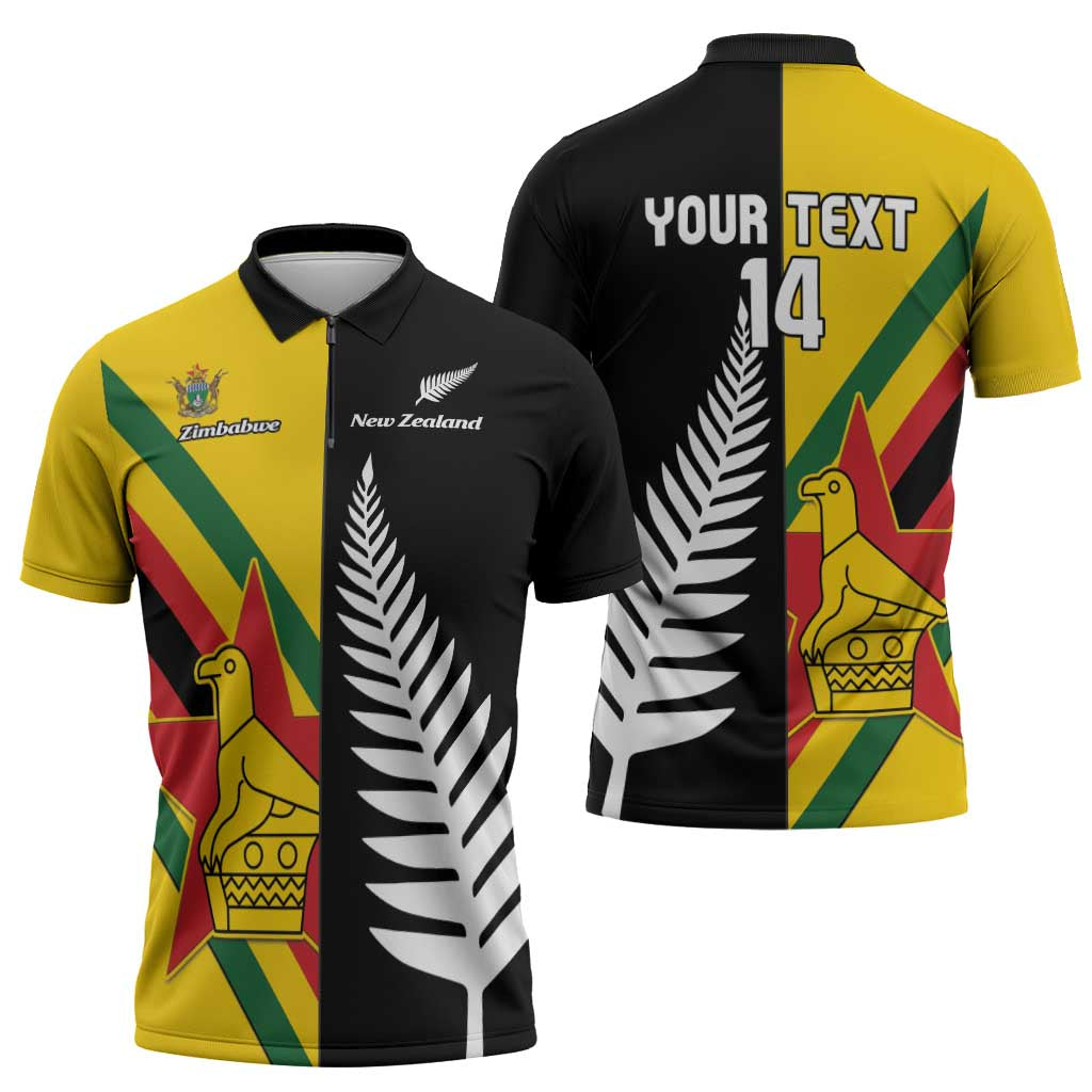 Custom New Zealand and Zimbabwe Zipper Polo Shirt NZ Fern Zim Flag Half Style