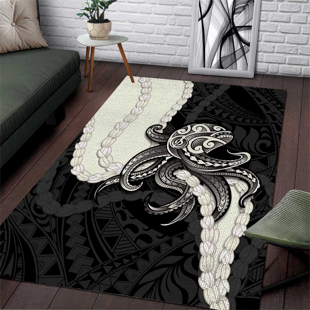 Black Polynesia Tribal Octopus Tattoo Area Rug Pikake Lei Polynesian Pattern