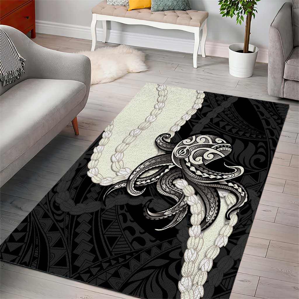Black Polynesia Tribal Octopus Tattoo Area Rug Pikake Lei Polynesian Pattern