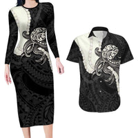 Black Polynesia Tribal Octopus Tattoo Couples Matching Long Sleeve Bodycon Dress and Hawaiian Shirt Pikake Lei Polynesian Pattern LT14 Black - Polynesian Pride