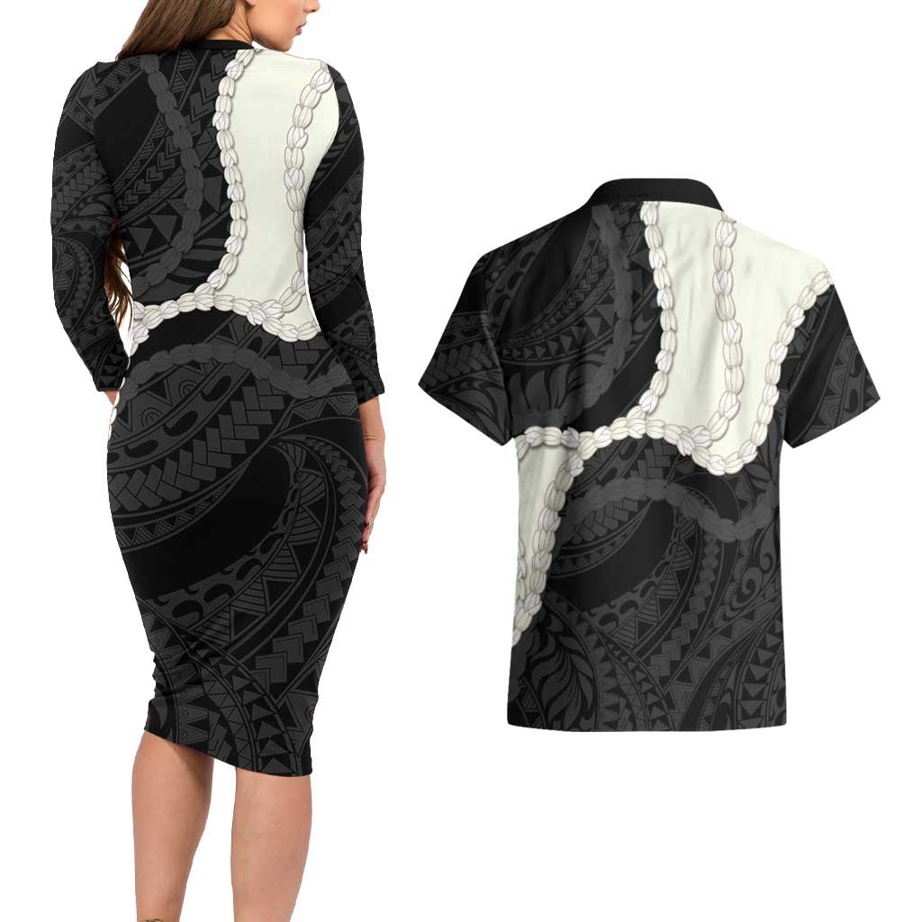 Black Polynesia Tribal Octopus Tattoo Couples Matching Long Sleeve Bodycon Dress and Hawaiian Shirt Pikake Lei Polynesian Pattern LT14 - Polynesian Pride