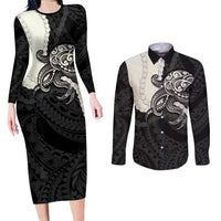 Black Polynesia Tribal Octopus Tattoo Couples Matching Long Sleeve Bodycon Dress and Long Sleeve Button Shirt Pikake Lei Polynesian Pattern LT14 Black - Polynesian Pride